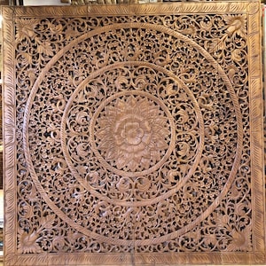 Large King Size Bed Mandala Headboard Bohemian Flower Wood Hand Carved Craving Teak Wood Art Panels White Wash Wall Home Decor Thai 71&quot; 72