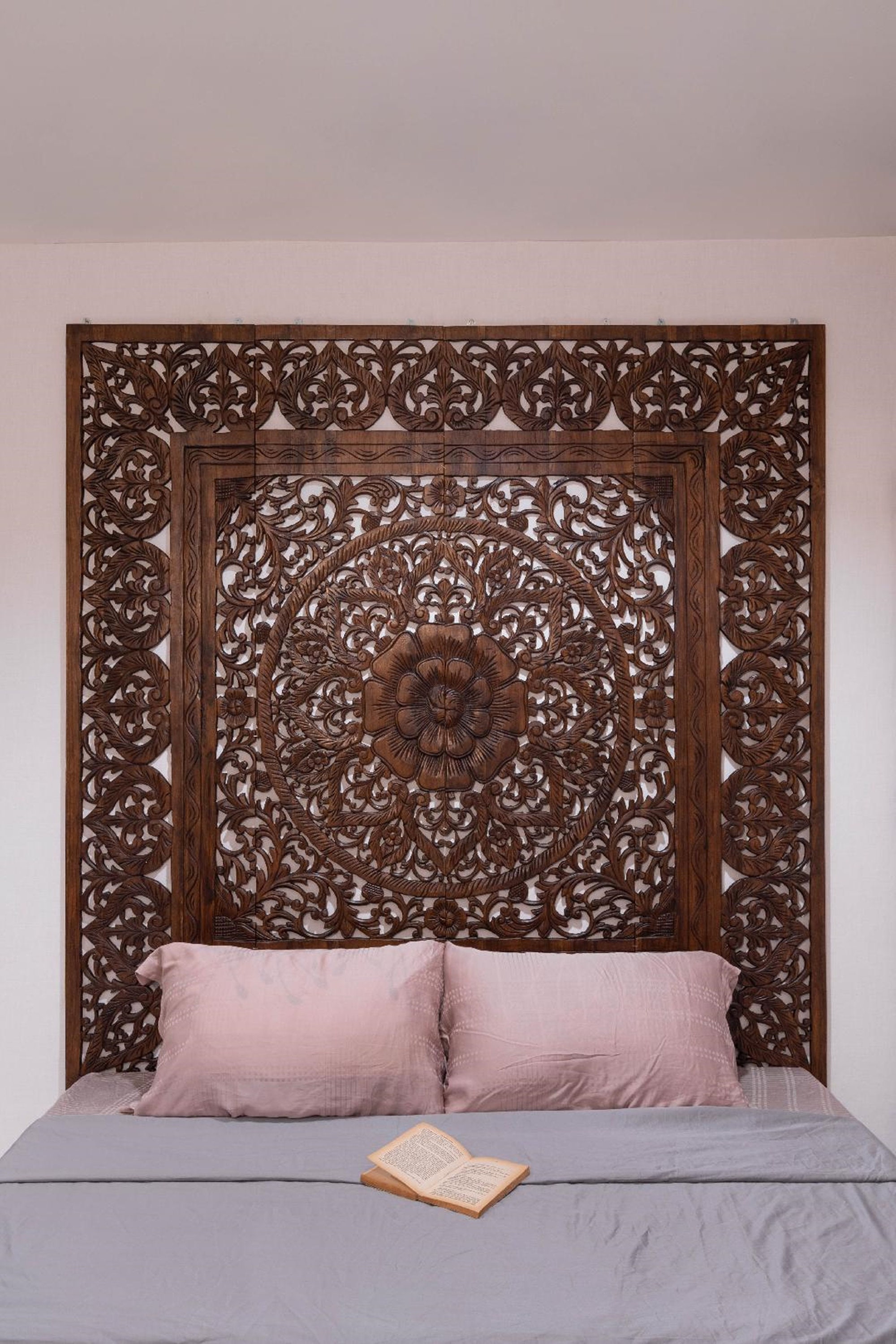 California King Headboard Brown Large Carved Wall Art Panels bohemian Mandala Lotus Wall Hanging Decor teak Headboard Thai Wood Carving 76 Etsy