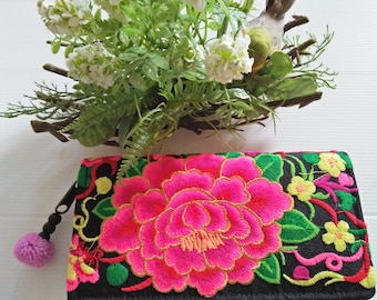 Portefeuille Ethnique Brodé Artisanal Hmong - Style Bohème Hippie, Tissu, Fabriqué En Thaïlande