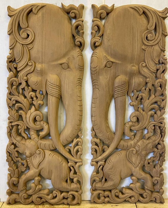 Elephant Wood Carving Panels, Carved Wood Elephant Panel 2 Pc, Natural Thick Wooden Plaques,Thai Elephant Panel, Teak Wall Art Hanging 36 In