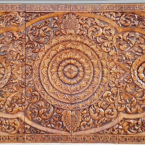 Round Mandala Carved Wood Wall Art Lotus Flower Teak Panel Etsy