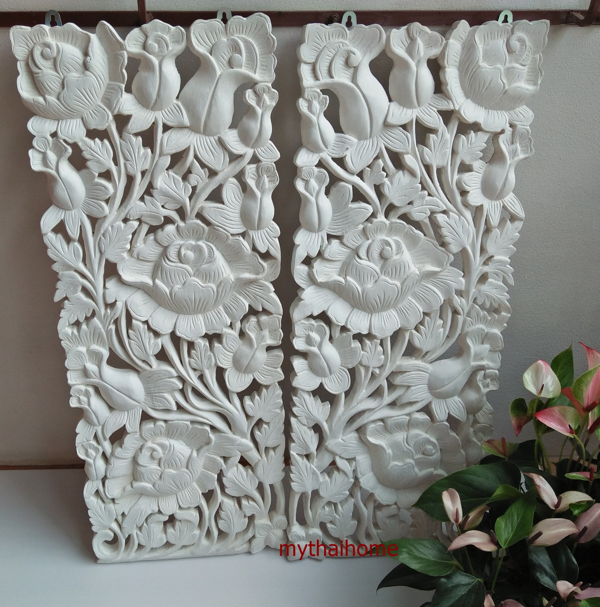 White Wood Wall Art Panel Teak Wood Panel Craved Flower Rose Etsy