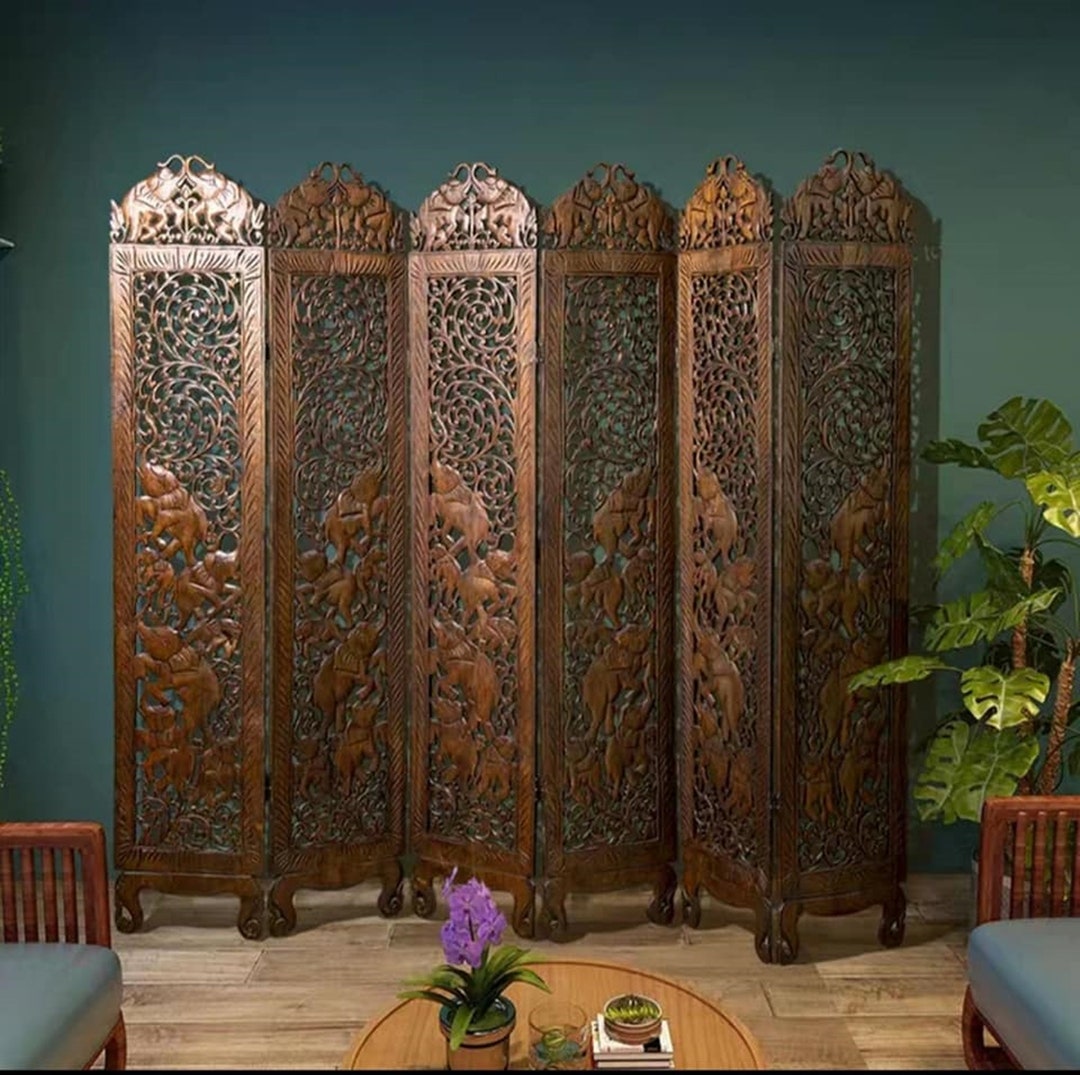 Boho Room Divider Elephant Folding Screen Panels Carved Wood Room