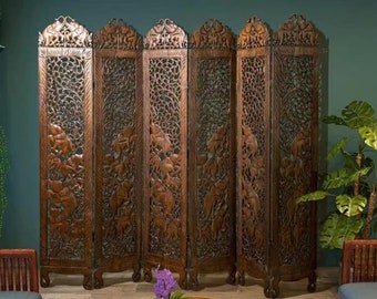 Boho Room Divider Elephant Folding Screen Panels Carved Wood Room Divider Asian Screen Large Wood Wall Art Thai Wood Carving Standing Room 7