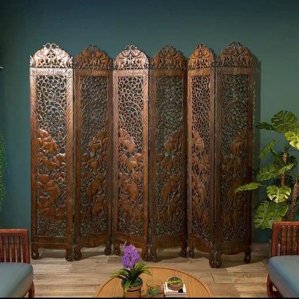 Boho Room Divider Elephant Folding Screen Panels Carved Wood Room Divider Asian Screen Large Wood Wall Art Thai Wood Carving Standing Room 7