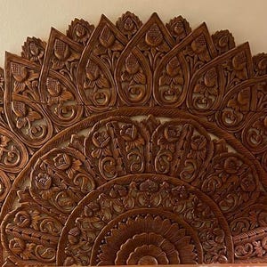 Reclaimed Wood Mandala Wood Carving Panel 36 x 72 inch Half Dome Headboard King Asian Art Thai Wood Wall Art Decor Wall Hanging Teak Carved