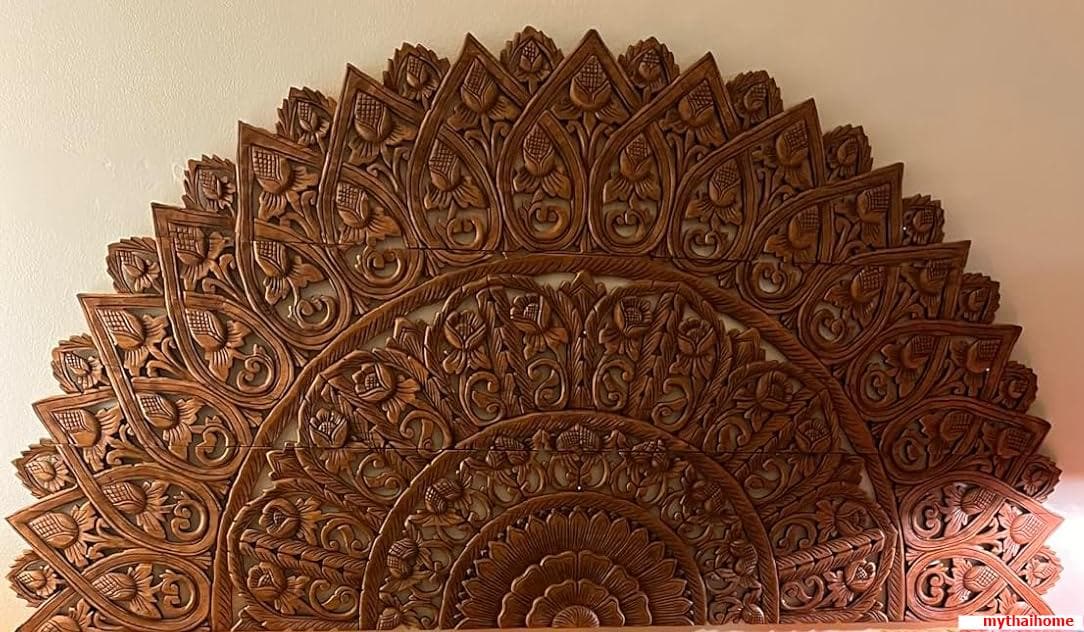 Reclaimed Wood Mandala Wood Carving Panel 36 x 72 inch Half Dome Headboard King Asian Art Thai Wood Wall Art Decor Wall Hanging Teak Carved
