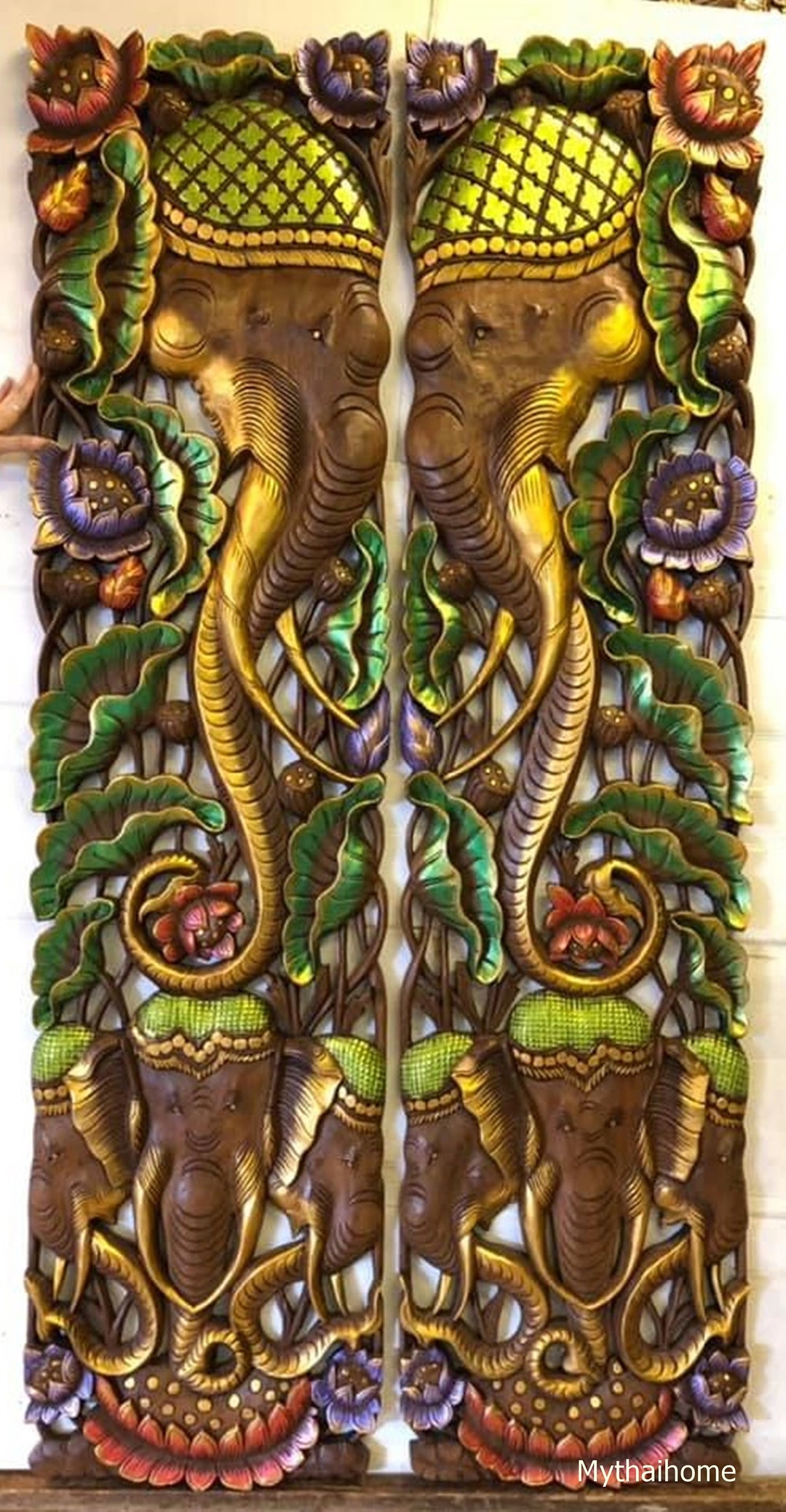 Large Wood Wall Art Wood Carved Elephant Head Panel Wall Hanging ...