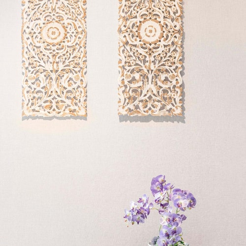 2 Panels White Wood Wall Art Thai Wood Carving Sculpture Etsy