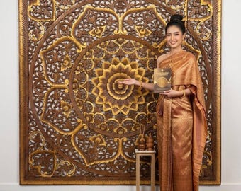 Cabecero marrón King Mandala Arte de pared de madera 72" 180 cm, LFlor de loto Paneles de arte de madera de teca tallados a mano Decoración de pared tailandesa asiática Colgante