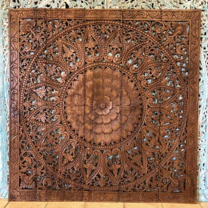 Carved Wood Headboard Queen, Mandala Wood Headboard, Hand Carved Teak Wall Art Panel, Thai Wood Carving, Asian Wood Wall Art panel Brown 60