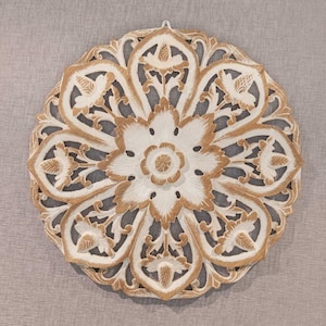 Wood Carved Wall Panel Round Rustic White Mandala Flower Hanging Living Room Teak Wall Art Panel Hand Carved Thai Wood Carving Bohemian 24&quot;