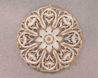 Wood Carved Wall Panel Round Rustic White Mandala Flower Hanging Living Room Teak Wall Art Panel Hand Carved Thai Wood Carving Bohemian 23"