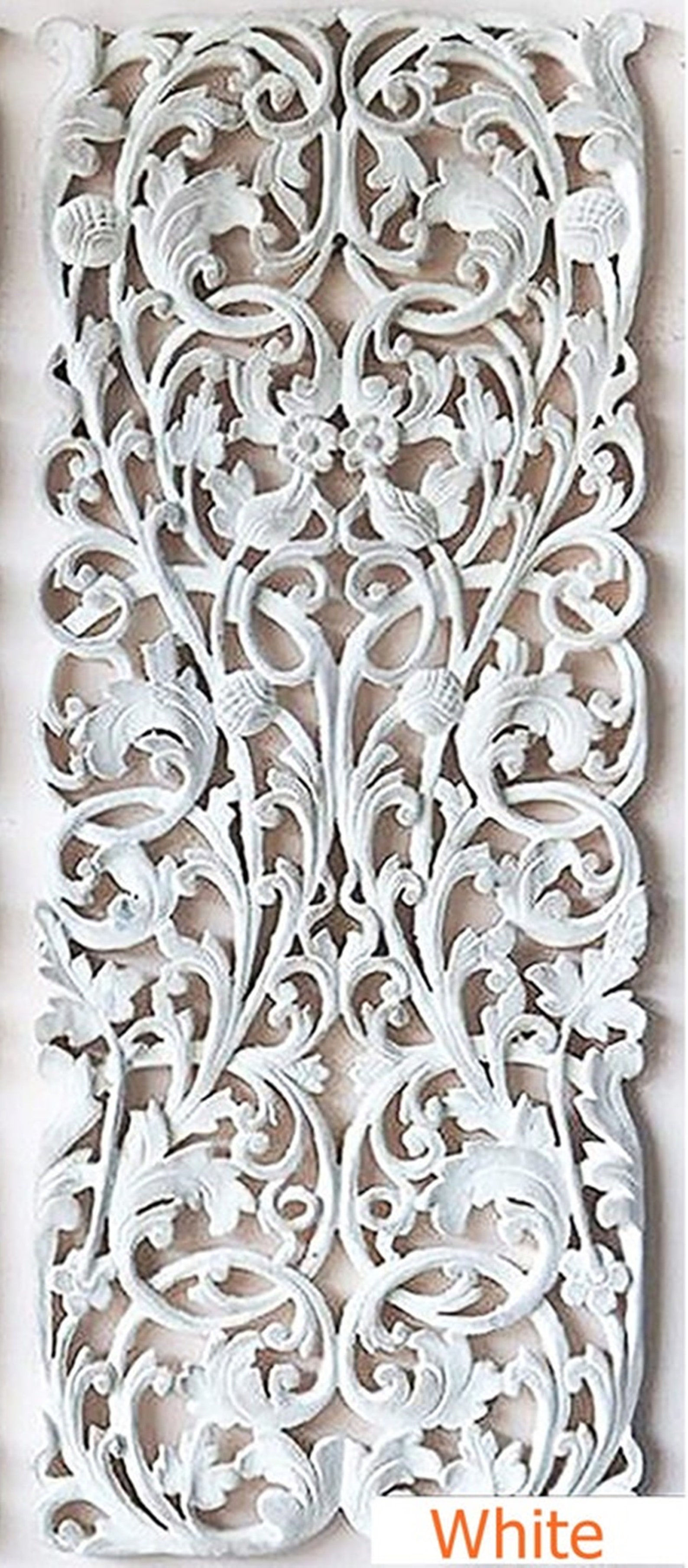 White Wood Wall Art Panel Lotus Flower Carved Teak Wall Art Hanging ...
