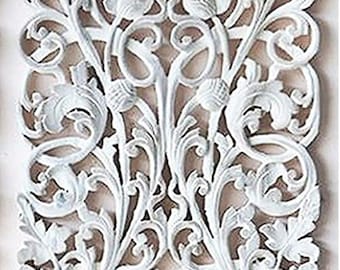 Ornate Wall Art Carved Wood Teak Panel Mounted Wooden Wall Hanging Floral Flower Victorian White Wash 36 inch Thai Wood Carving Furniture