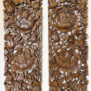 Pair Large Wooden Carved Flower Roses Wood Panel Wall Decor Thai Wood Carving Natural Teak Bohemian Furniture Wedding Gift Outdoor Brown