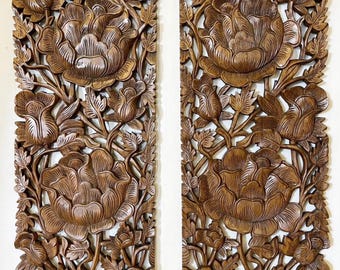 Coppia di grandi rose intagliate in legno, pannelli in legno, decorazioni da parete, intaglio in legno tailandese, teak naturale, mobili boho, regalo di nozze, per esterni, marrone