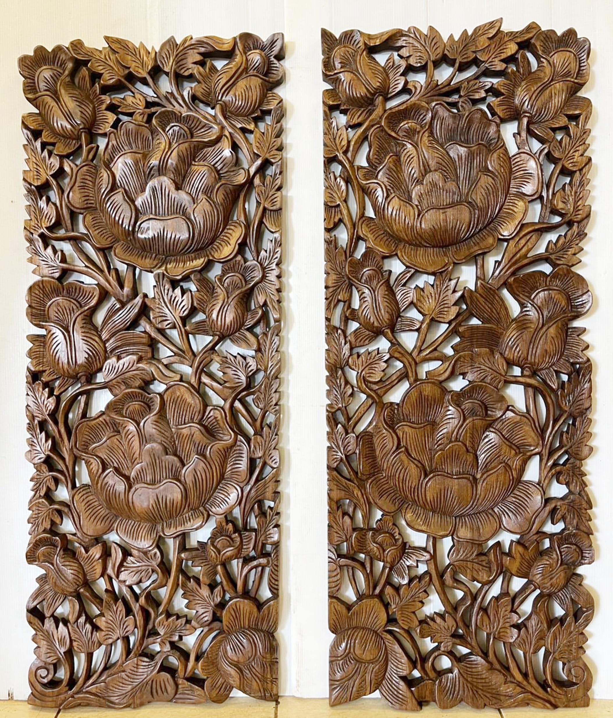 Pair Large Wooden Carved Flower Roses Wood Panel Wall Decor Thai