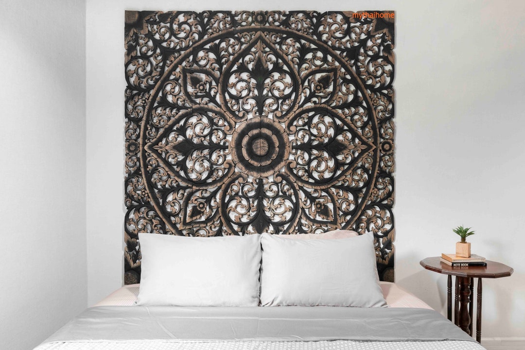 Mandala Headboard King Black Washed, Wooden Carved Headboard, Plaque
