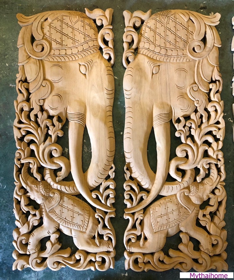 2 PCS Extra Thickness Elephant Headed and Forest Wood Carving Elephant ...