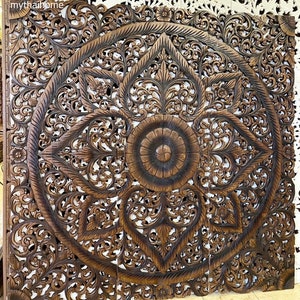 Mandala Headboard Queen Wood Carved Plaque Wooden Panel 60&quot; Wall Art Hanging Mandala Bohemian Lotus Wood Carving Handmade Teak Carved 152CM
