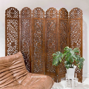 Carved Wood Room Divider Free Standing Folding Screen Floral Wood Panel 6 Carved Teak Asian Screen Large Wood Wall Art Floral Room Divider