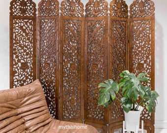Carved Wood Room Divider Free Standing Folding Screen Floral Wood Panel 6 Carved Teak Asian Screen Large Wood Wall Art Floral Room Divider