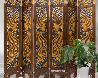 Room Divider Wood Boho Folding Screens Thai Carved Wood Phoenix Wall Art Panels Hand Carved Asian Screen Standing Room Divider Indoor Wooden