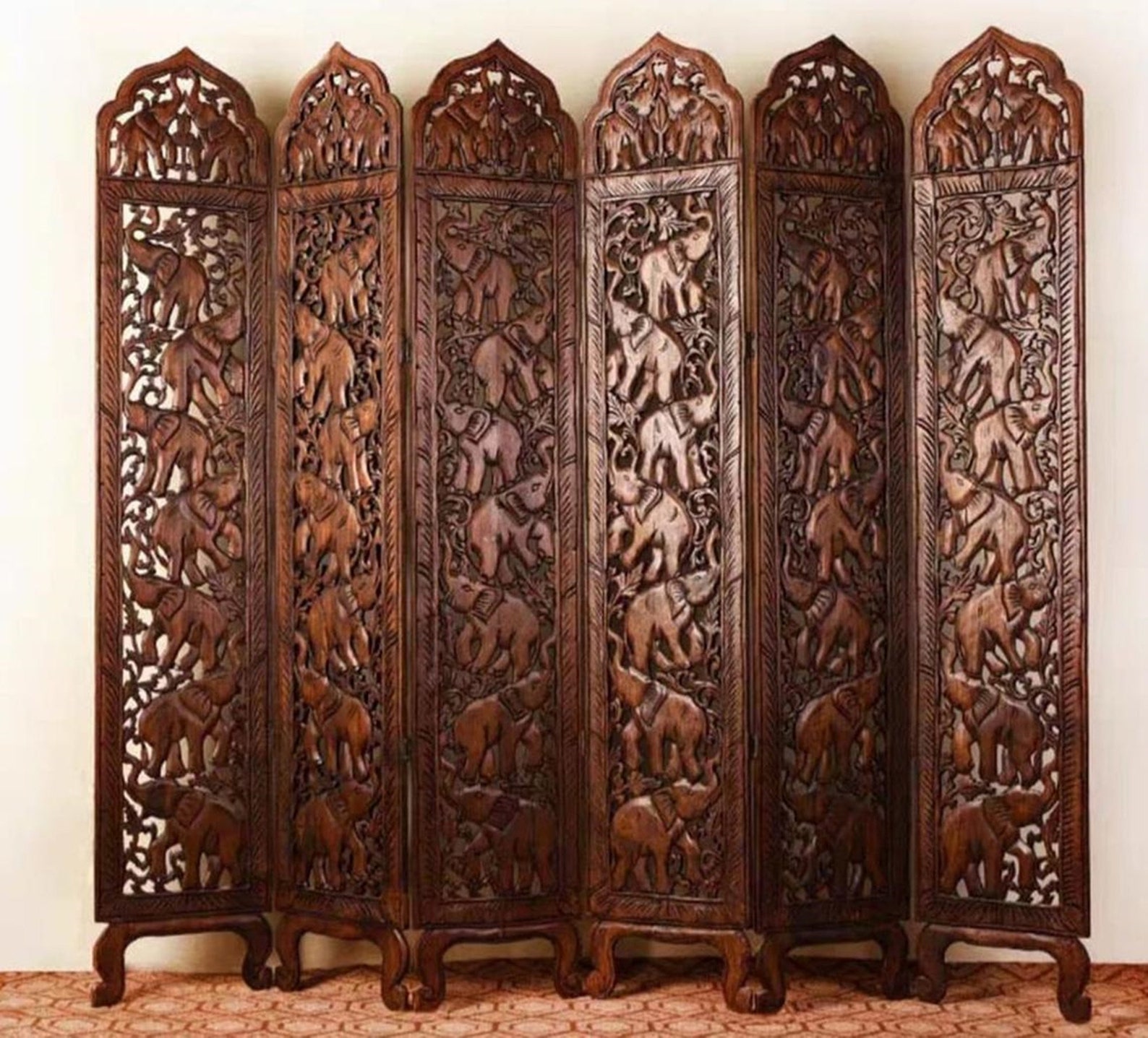 Boho Room Divider Elephant Folding Screen Panels Carved Teak Etsy