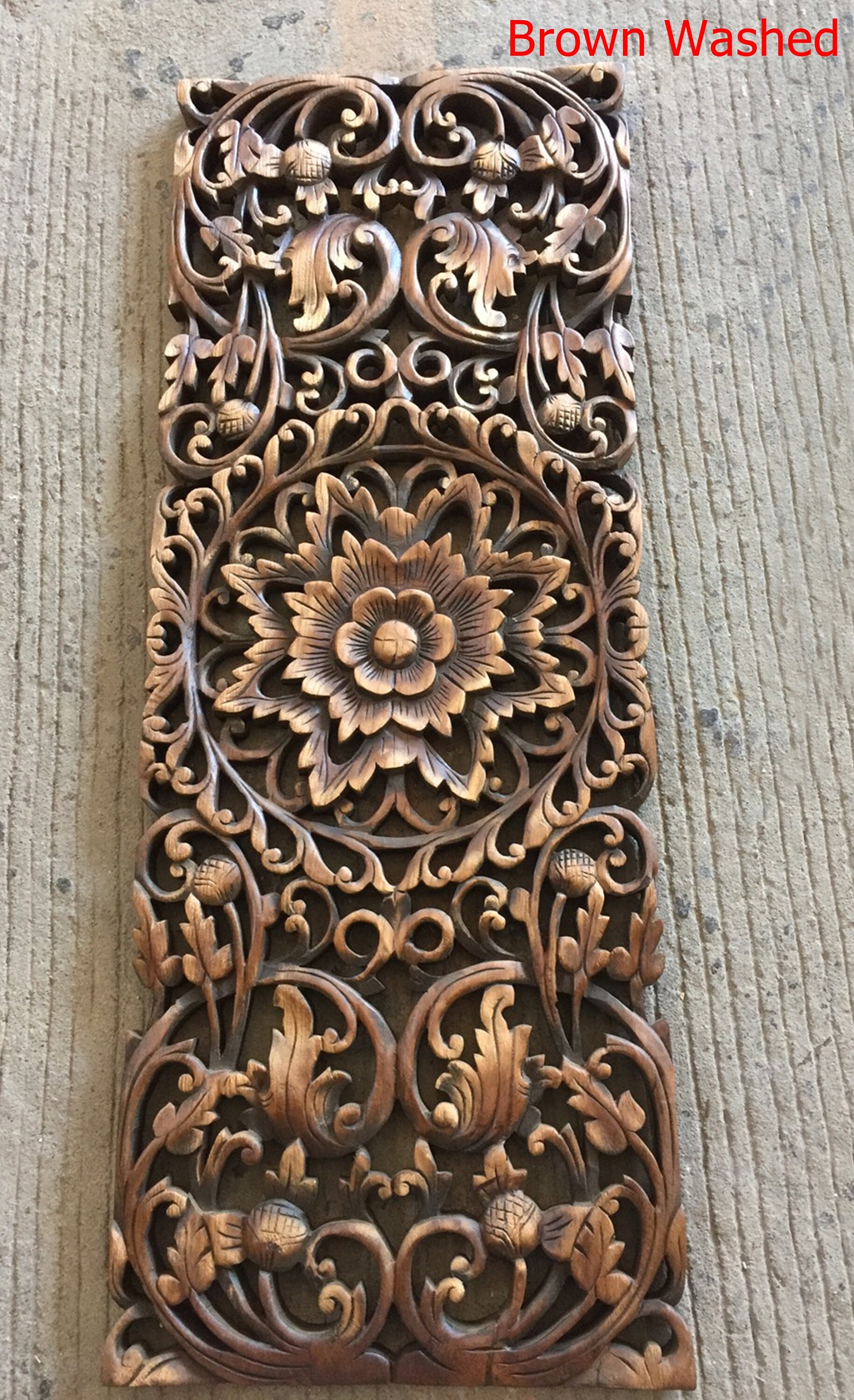 35.5" Brown White Floral Tropical Carved Wood Wall Art Panel Rustic ...