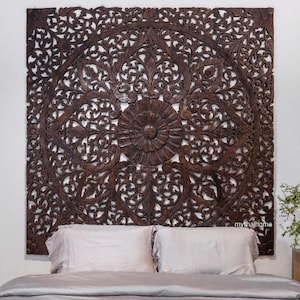 Large Wood Carving Panel 180cm, Wood Carved Plaque Balinese Brown Mandala Headboard, Teak Carved Wood Wall Art Hanging, King Size Headboard