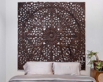 Lotus Wood Carving Panel 72 inches, Wood Carved Plaque Balinese Brown Mandala Headboard, Teak Carved Wood Wall Art Hanging, Boho Headboard