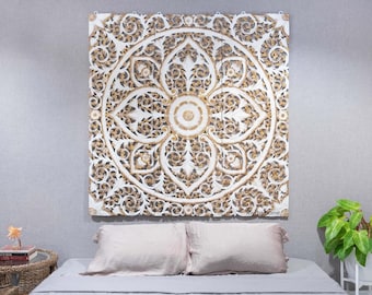 White queen size headboard,Boho queen headboard,Large wood wall art panel,Mandala wood wall art panel,Bohemian wedding wall, 60 in headboard