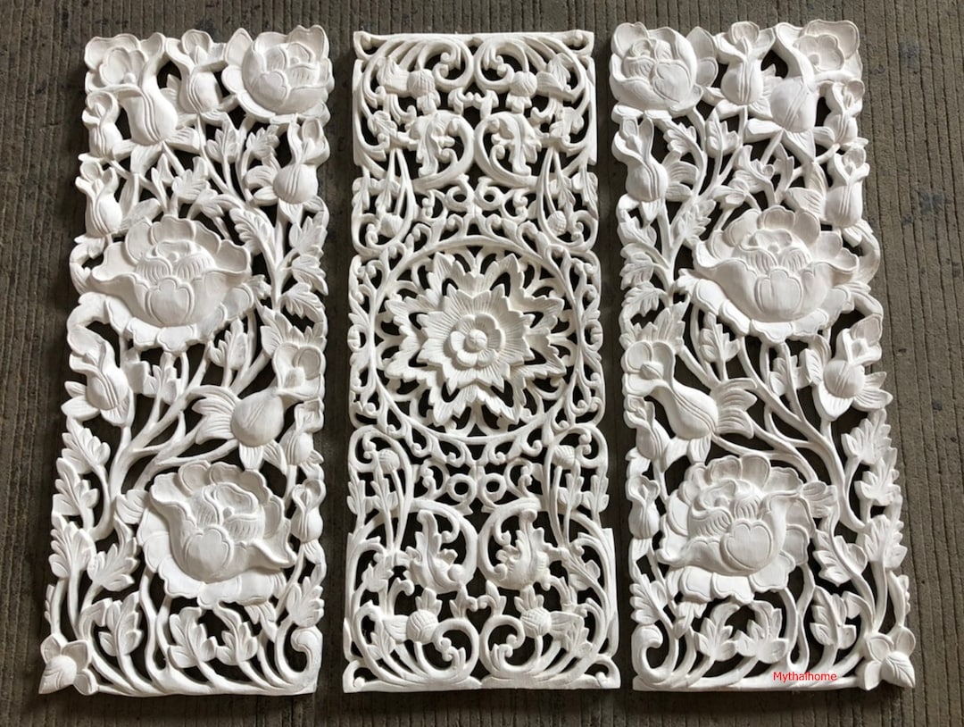 White Wood Wall Art Panel 3 Lotus Flower Art Natural Teak Wood Carved ...