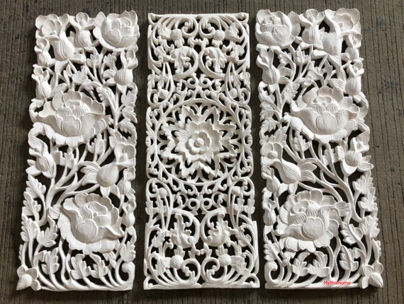 Teak wood carving panel with frame, wall decor, lotus flower pattern  handmade