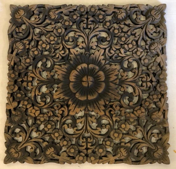 Boho Lotus Flower Teak Wall Art Wood Carving Panel 43cm 17.5 Etsy