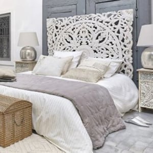 White Carved Wood Headboard Queen 59&quot; 150cm Thai Wood Carving Wall Art Natural Reclaimed Decorative Panels Lotus Flower Mandala Bohemian