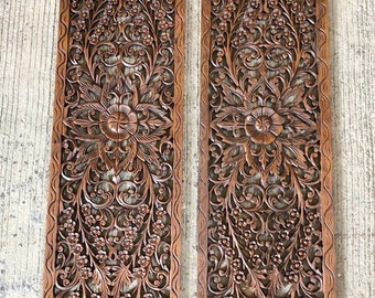 Carved wooden panel, Carved wood wall hanging 2 panels, Wooden white floral carved queen, Large wooden wall art, Reclaimed Teak Wall Panel