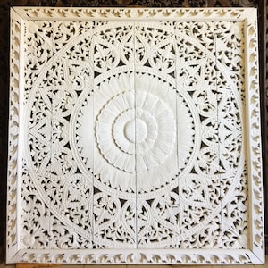 Large Extra Thick Teak King Bed Frame Headboard Bohemian Lotus Flower Mandala Wood Wall Art Panels, Hand Carved headboard wall mounted 72&quot;