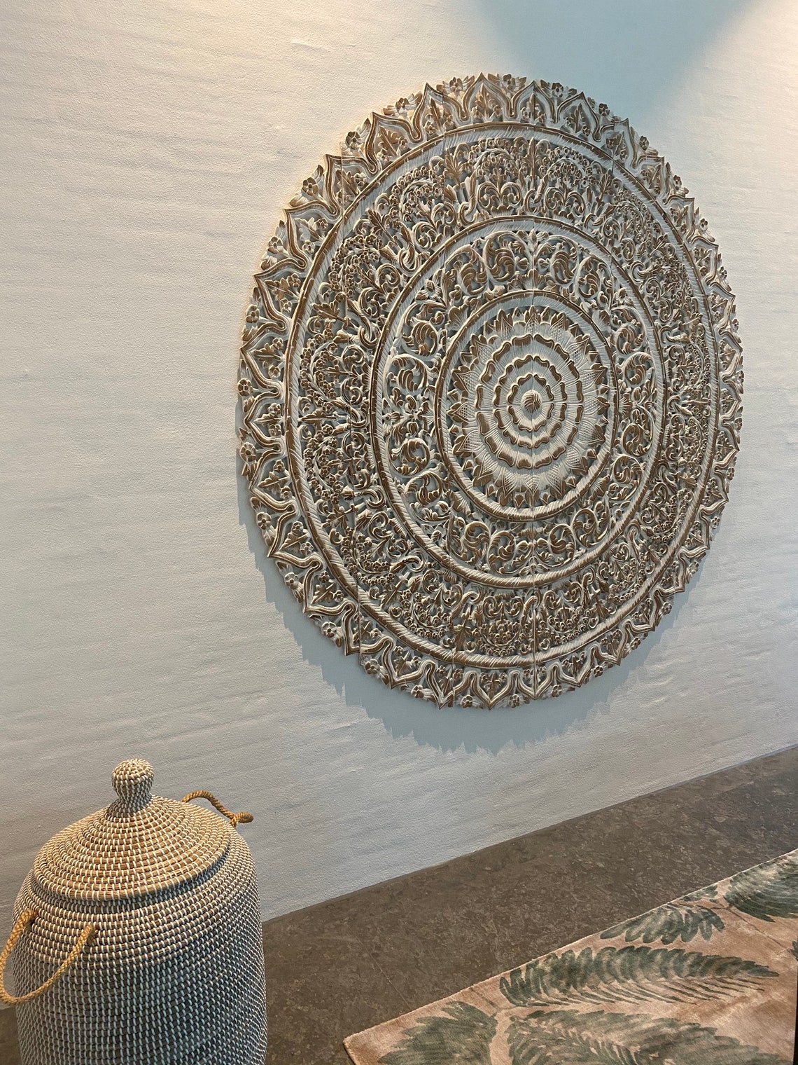 71 Round White Wash Mandala Headboard Large Wood Wall Etsy