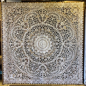 King Size Bed Headboard White Wash Teak Wall Art Panel large Bohemian Carved Headboard King Rustic Decorative Panel Mandala Asian Wood Panel