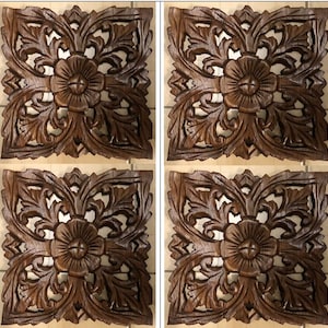 Carved Wood Panels, Wall Art Hanging, Dark Wood Carving, Mandala Wall Decoration, Housewarming Gift, Teak Wooden Panels, Brown, Set of 4 ,8"