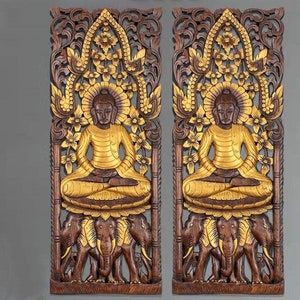 Wood Carved Buddha Panel Hand Carved Wood Elephant Thai Wood Carving Teak Wall Art Decorative Panel Wall Art Hanging Housewarming Gift 36&quot;