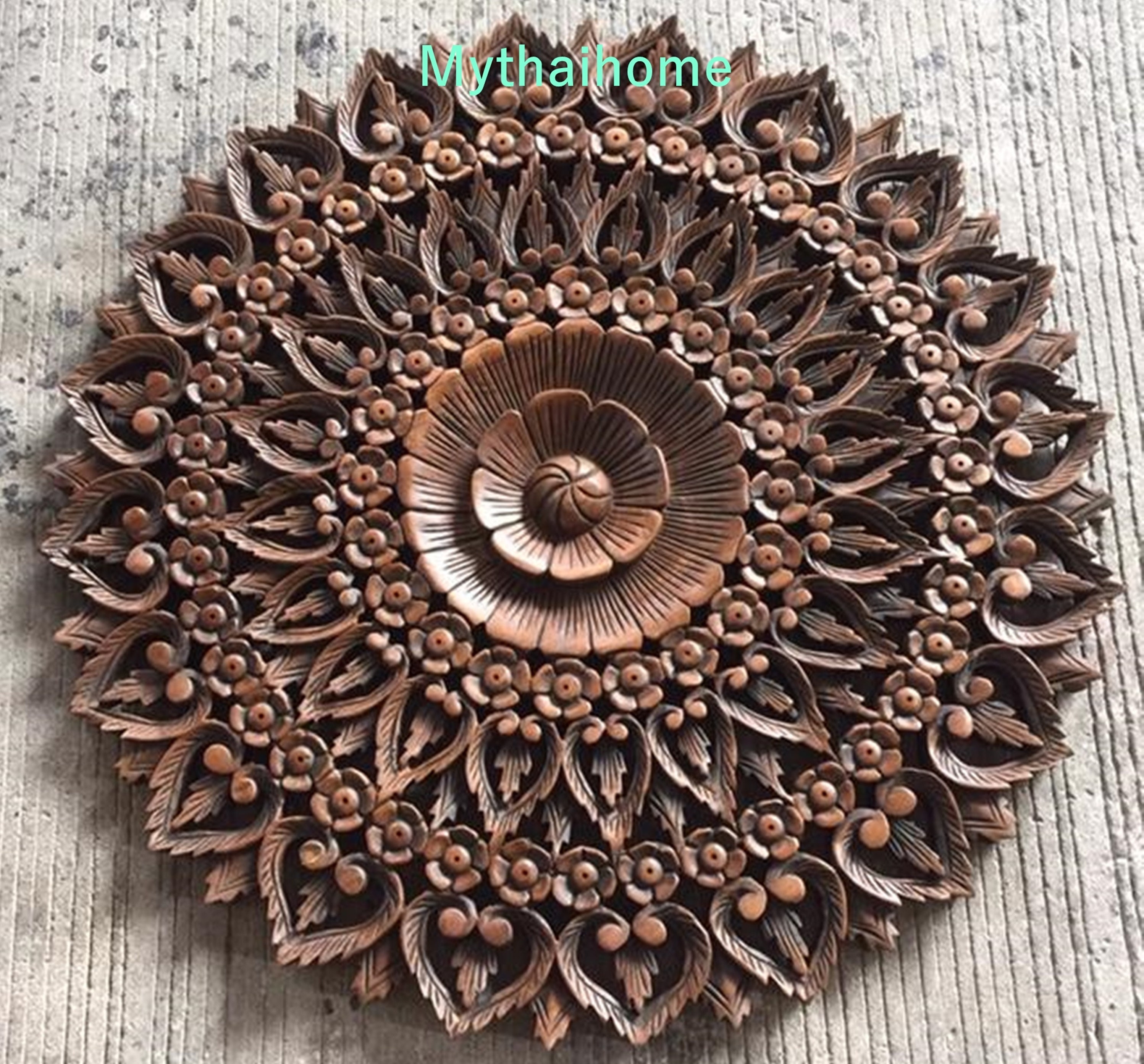 Schweiz rustikales Wand Teak Schnitzerei Boho Dekor Etsy Mandala Blume Kunst 35 Lotus geschnitztes Skulptur Thailand Holz Holzplatten Rundes Große Bett Kopfteil -