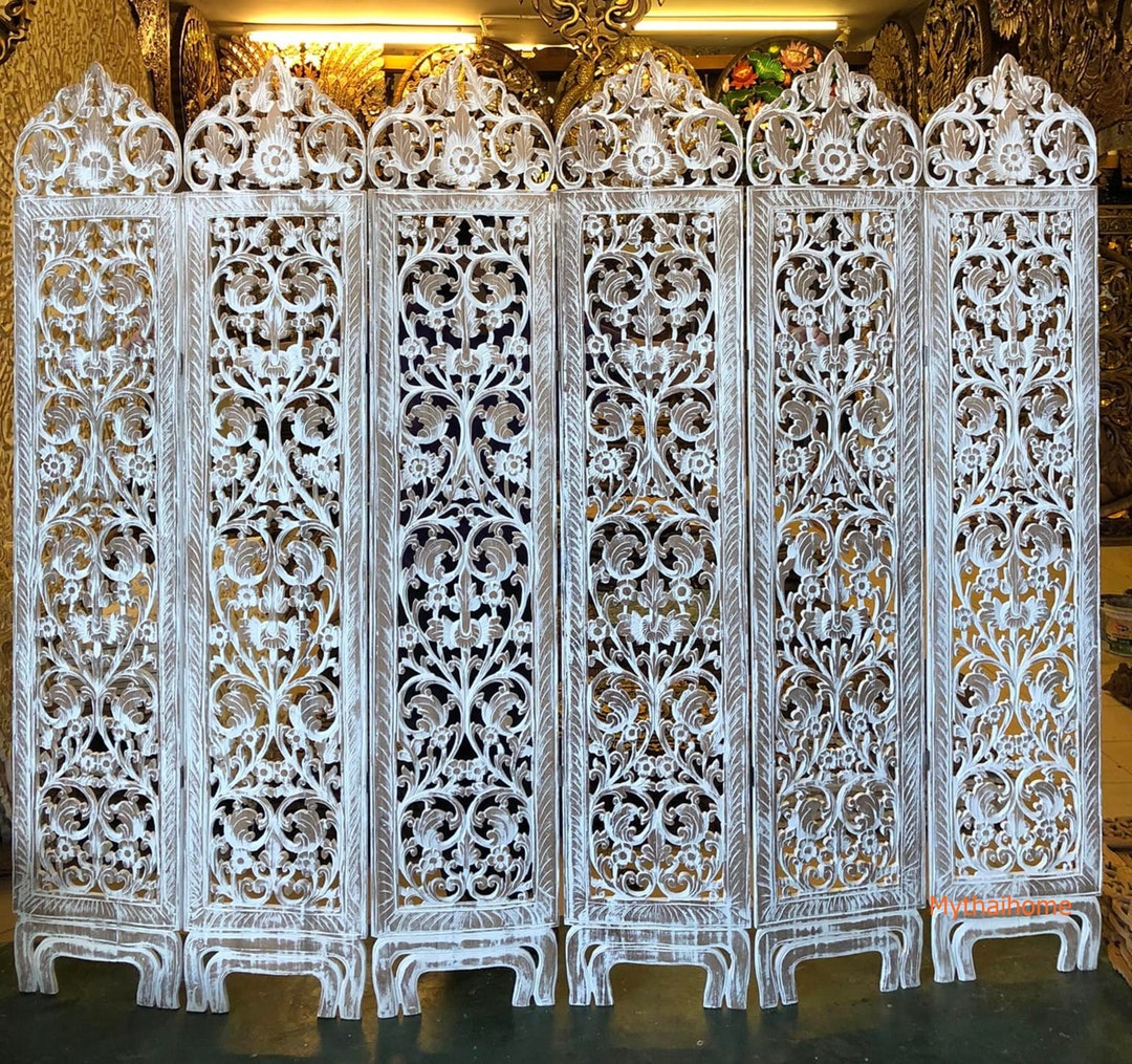 Carved Wood Room Divider, Boho Room Divider, White Room Divider