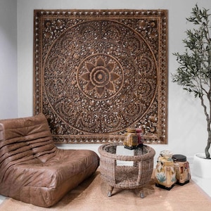 76&quot; Large California King Size Bed Teak Wood Bohemian Headboard Decorative Lotus Mandala Carved Wooden Panel Brown Wall Art Flower Thailand