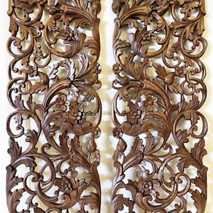 Extra Thickness 2 Pcs Lotus Wooden Panel 14 x 36 inches Mandala Wood Carved Panel Wall Art Hanging Home Decor Asian Art Thai Wood Handmade