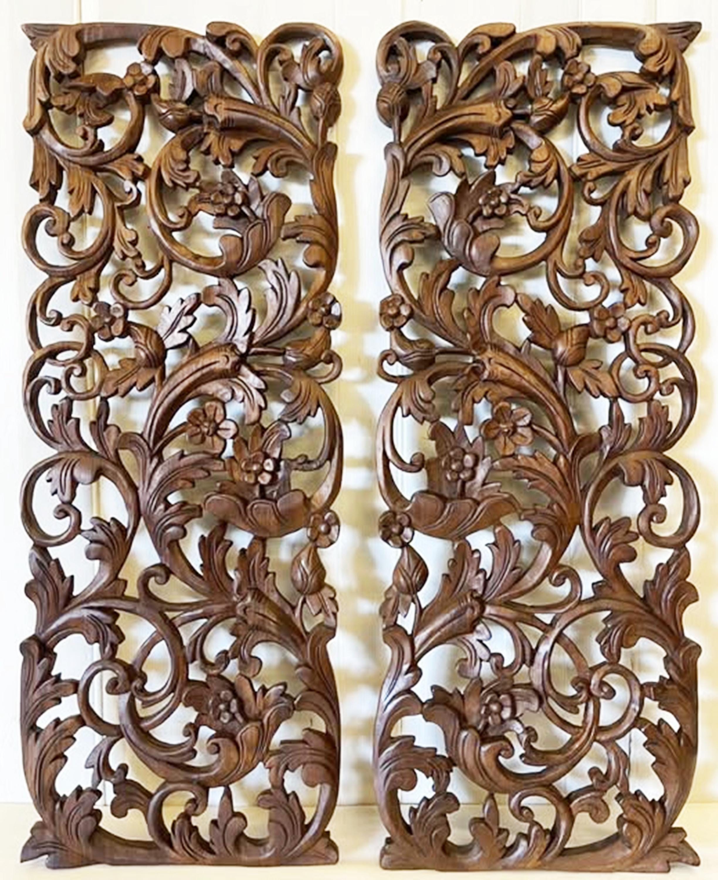 Extra Thickness 2 pezzi pannello di legno di loto 14 x 36 pollici pannello di legno intagliato mandala arte da parete appeso decorazione per la casa arte asiatica legno tailandese fatto a mano