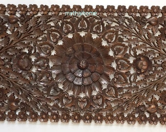 Rustic King Size Headboard Mandala Lotus Flower Wood Wall Art Panel Decor Thailand 71 Inch Reclaimed Wood Art