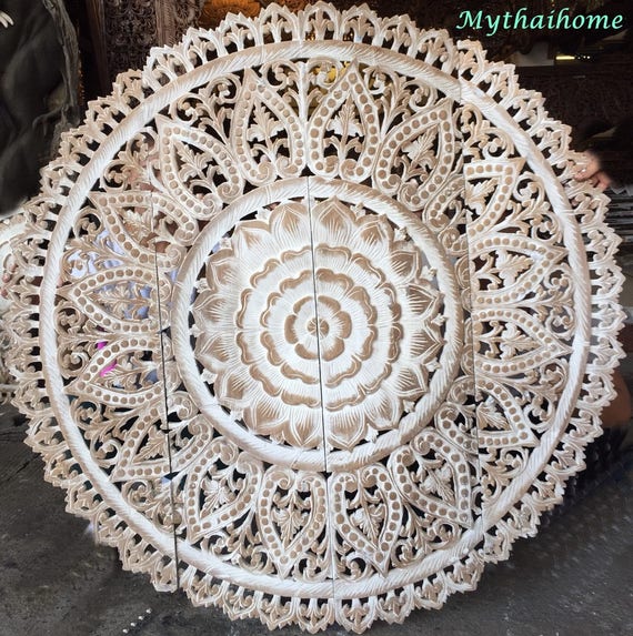 Round Bed Bohemian Headboard 47 Wood Wall Art Panel Round Bed Bohemian Headboard 47 Wood, Round White Wooden Wall Art